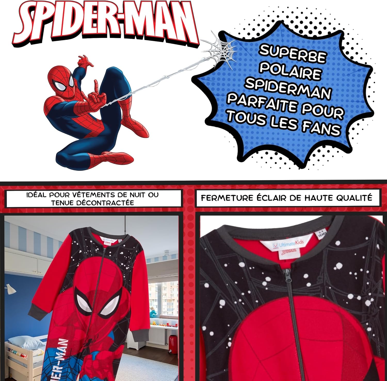 Pyjama polaire Marvel Spiderman tout-en-un à fermeture éclair – Image 3