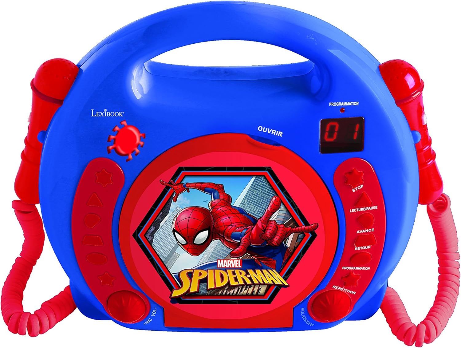 Lecteur CD Spider-Man rouge/noir avec 2 microphones et prise écouteurs