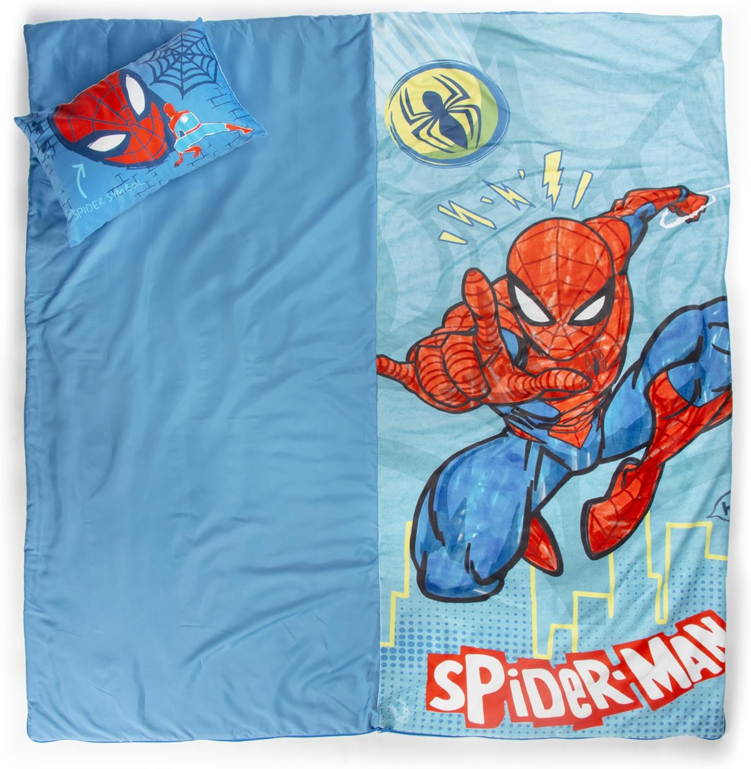 Sac de couchage Spider-Man bleu avec oreiller intégré et poignée de transport – Image 4