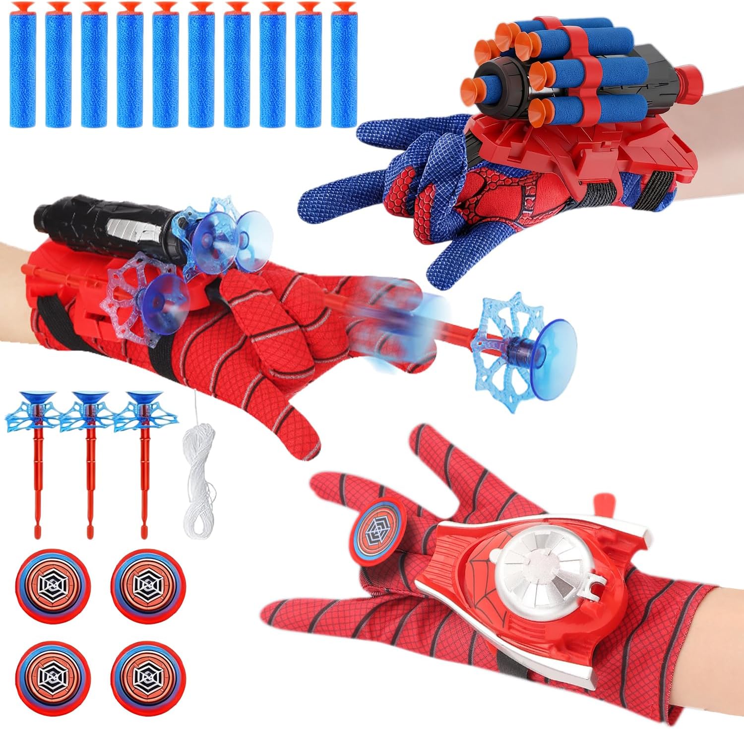Set Spider-Man de 3 gants lanceurs avec fléchettes ventouses et frisbee