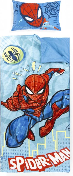 Sac de couchage Spider-Man bleu avec oreiller intégré et poignée de transport