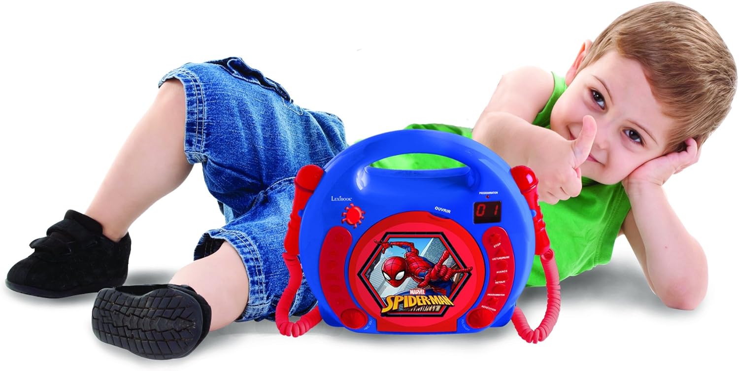 Lecteur CD Spider-Man rouge/noir avec 2 microphones et prise écouteurs – Image 2