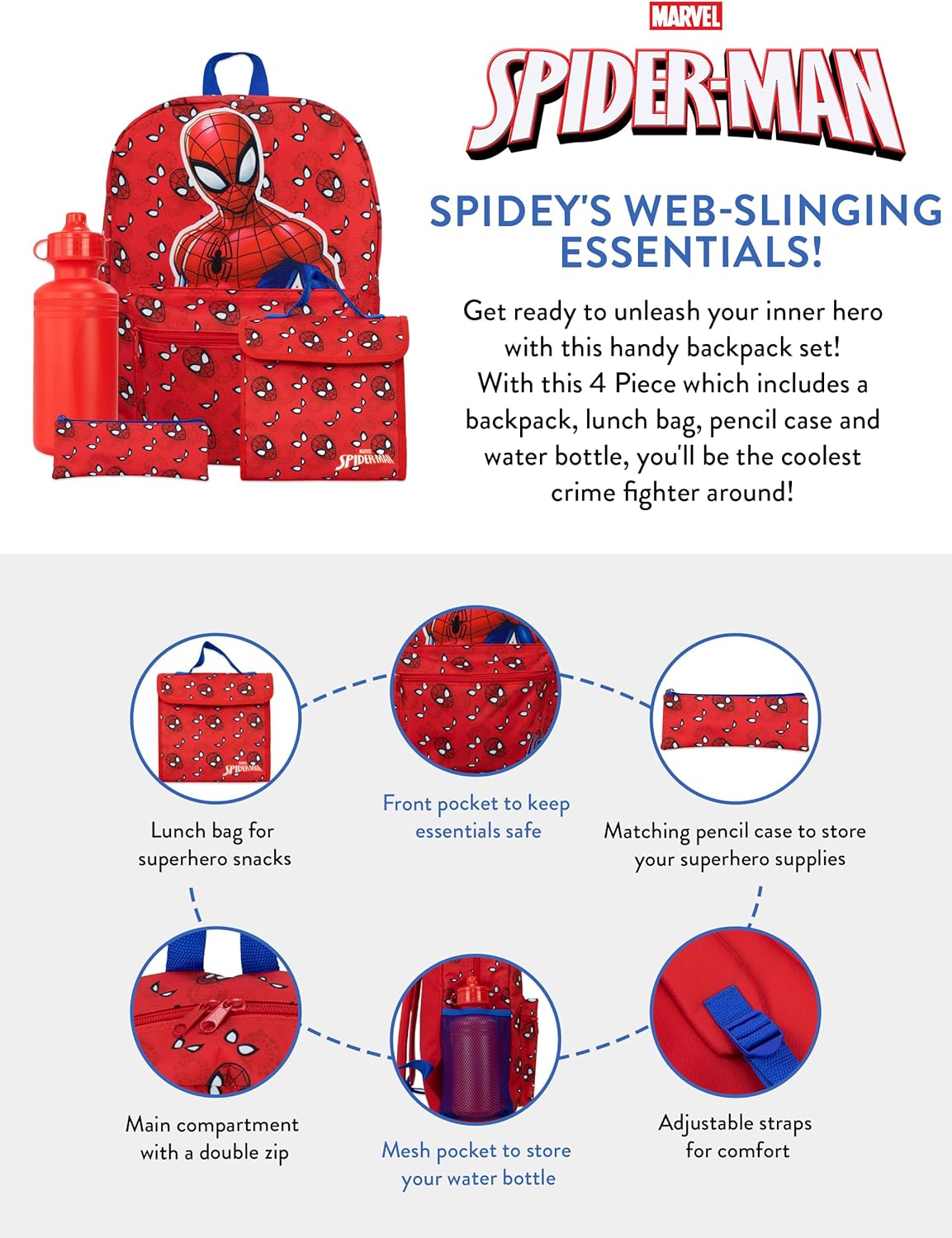 Cartable Marvel Spiderman rouge avec bouteille, sac lunch et trousse – Image 5