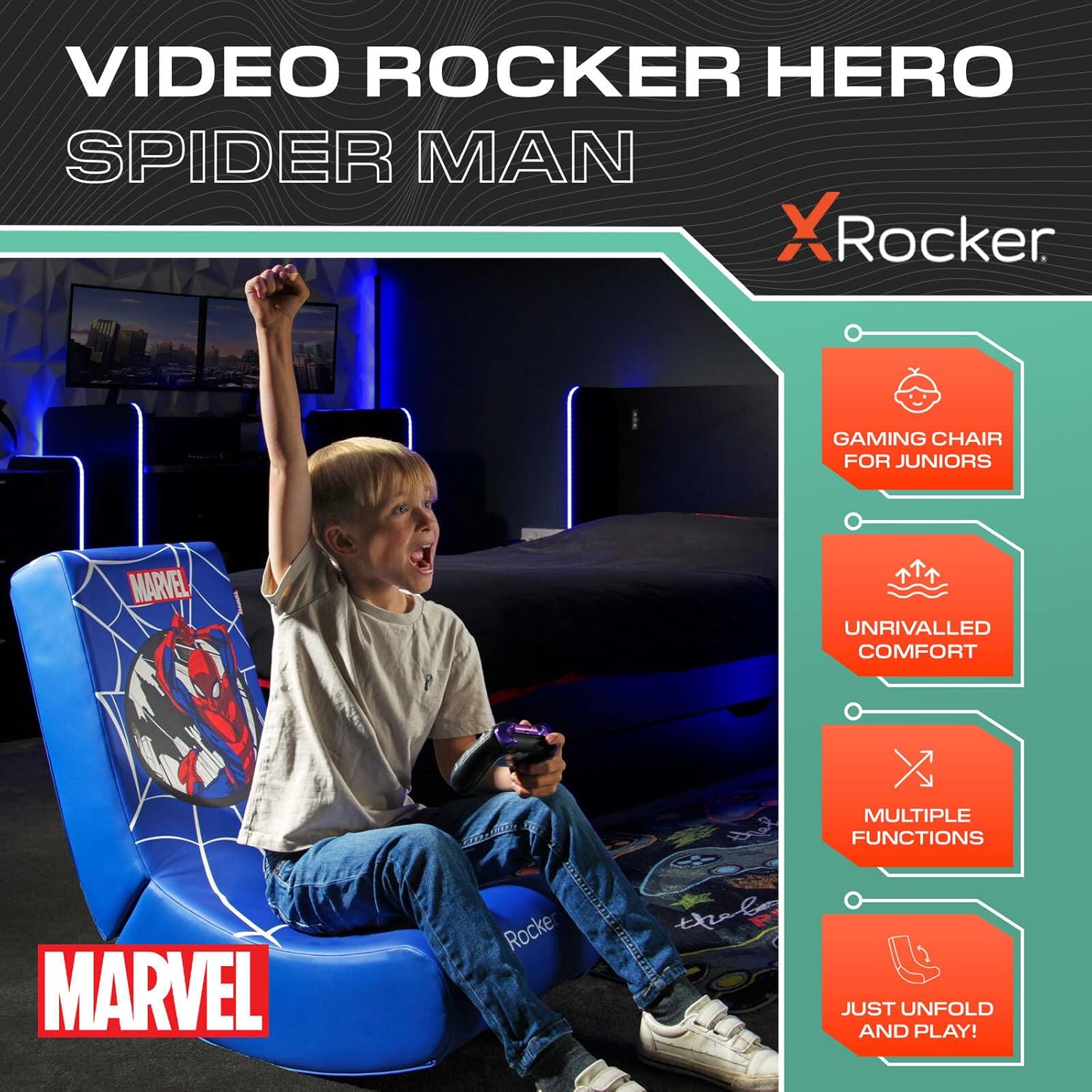 Chaise de jeu à bascule Marvel Spider-Man pliable en similicuir bleu pour juniors – Image 3