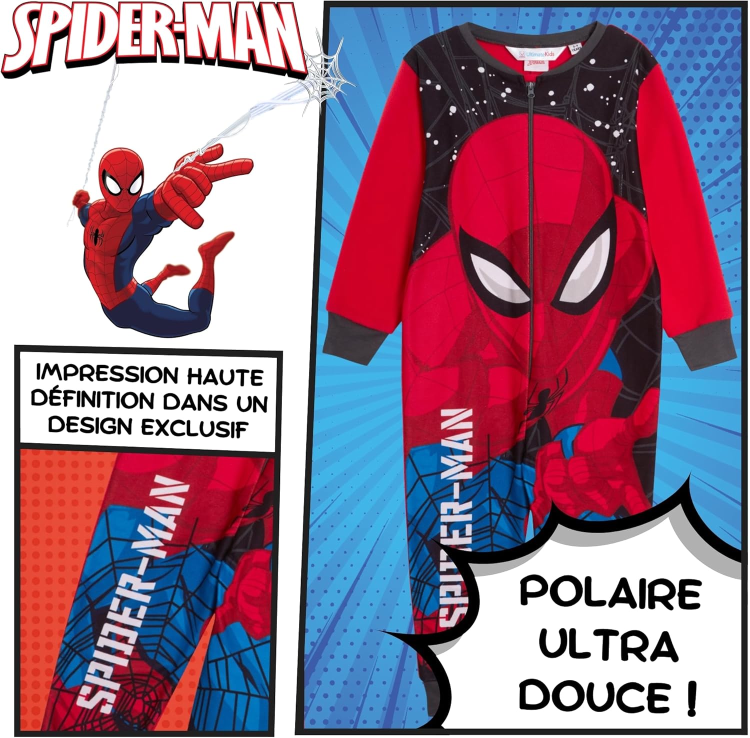 Pyjama polaire Marvel Spiderman tout-en-un à fermeture éclair – Image 4