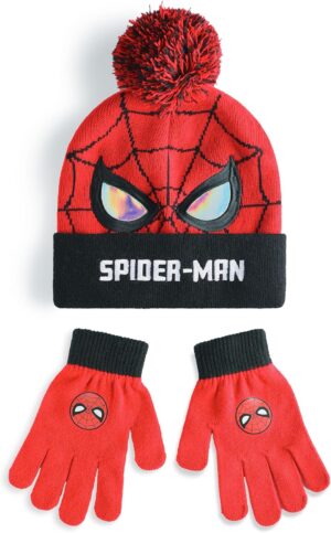 Ensemble Marvel Spiderman bonnet rouge et noir avec gants imprimés