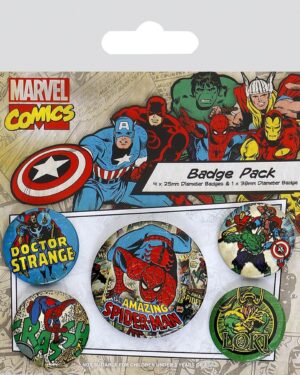 Badge rétro Spider-Man Marvel Comics, multicolore 4 x 25 mm et 1 x 38 mm
