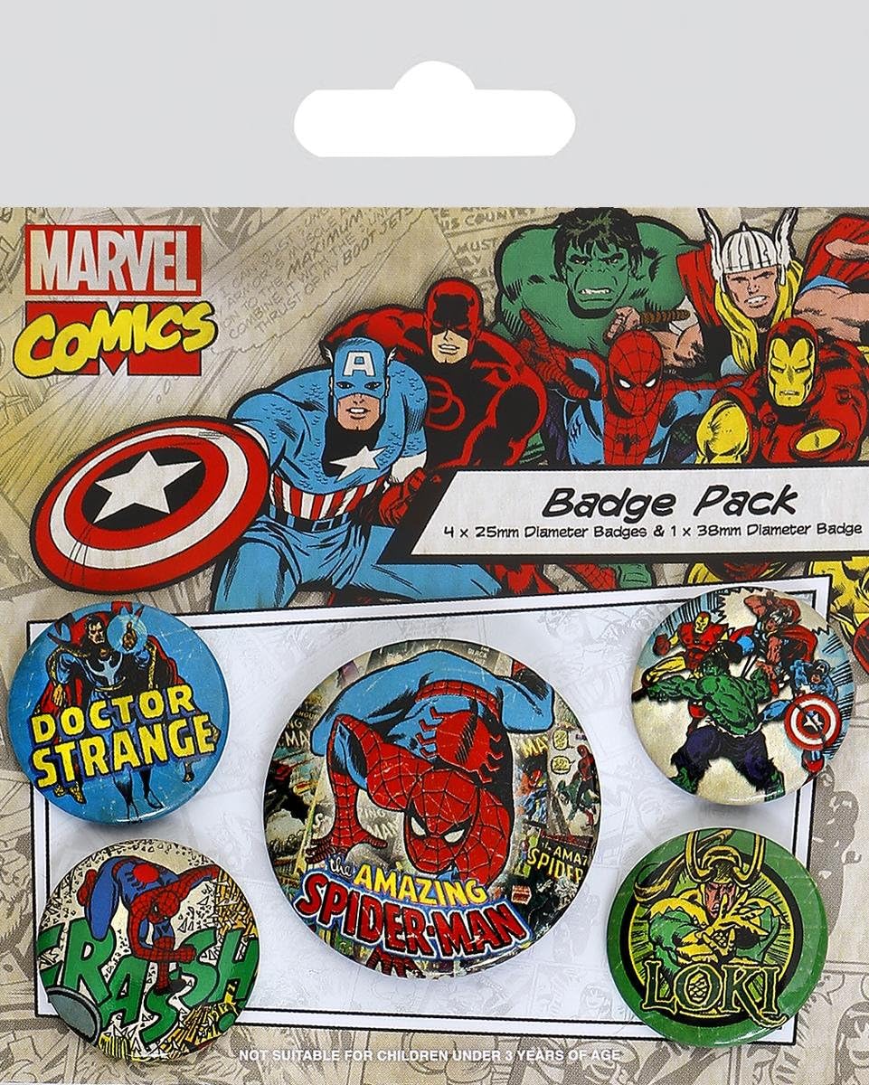 Badge rétro Spider-Man Marvel Comics, multicolore 4 x 25 mm et 1 x 38 mm