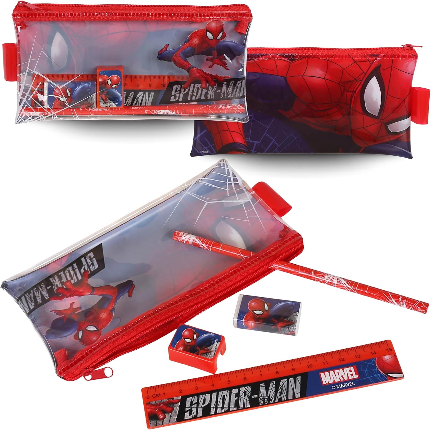 Trousse à crayons Marvel Spider-Man transparente rouge zippée avec équipement scolaire – Image 2