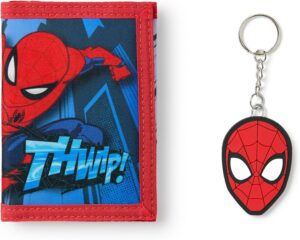 Portefeuille Marvel Spider-Man rouge à trois volets avec imprimé THWIP ! et porte-clés masque