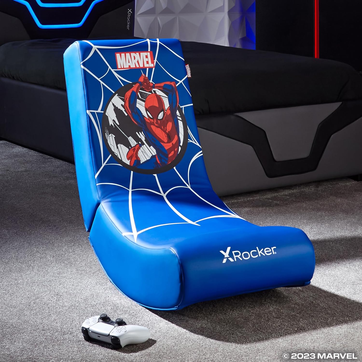 Chaise de jeu à bascule Marvel Spider-Man pliable en similicuir bleu pour juniors