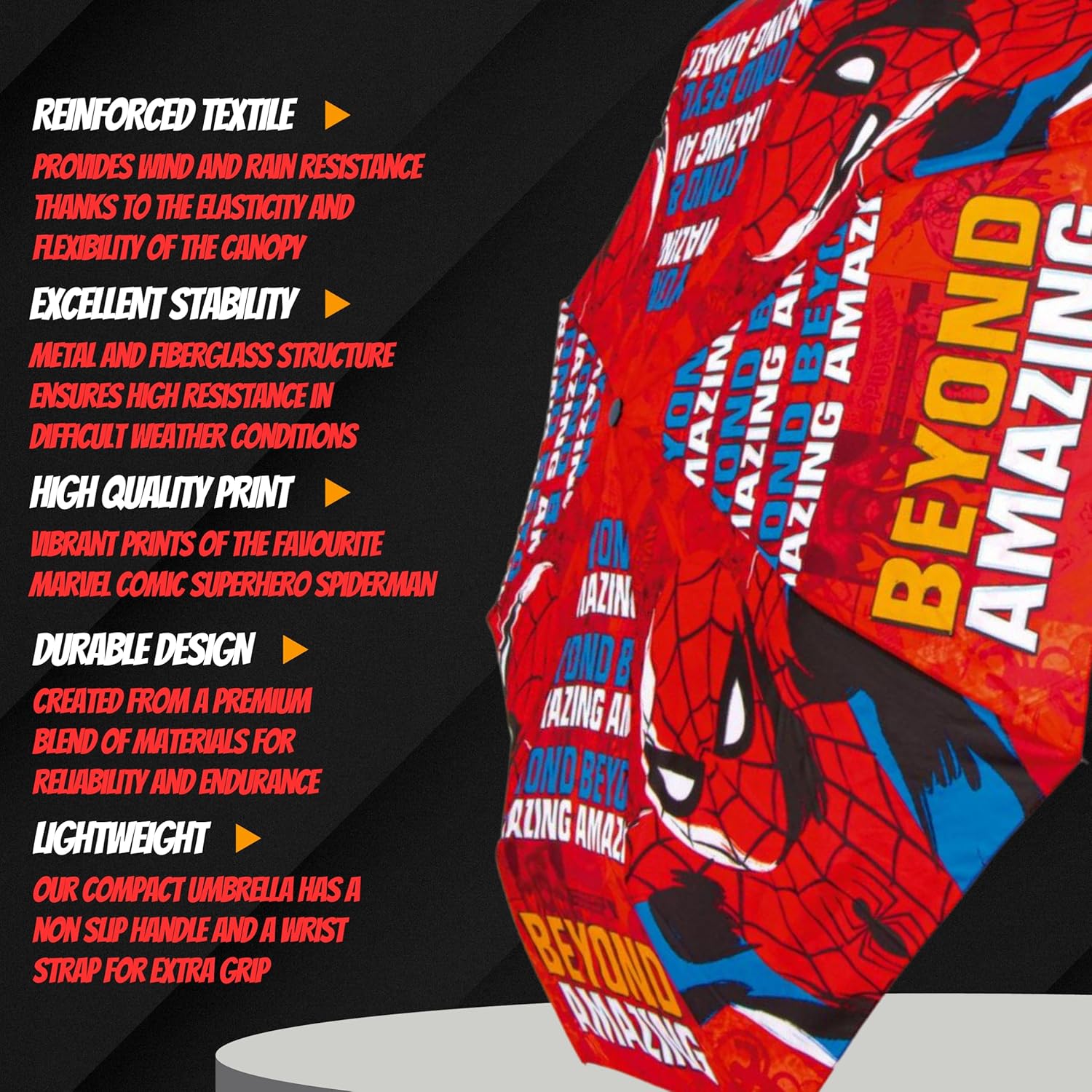 Parapluie pliant compact Marvel Spiderman noir, structure haute résistance – Image 3