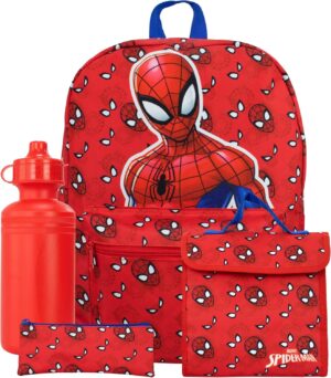 Cartable Marvel Spiderman rouge avec bouteille, sac lunch et trousse