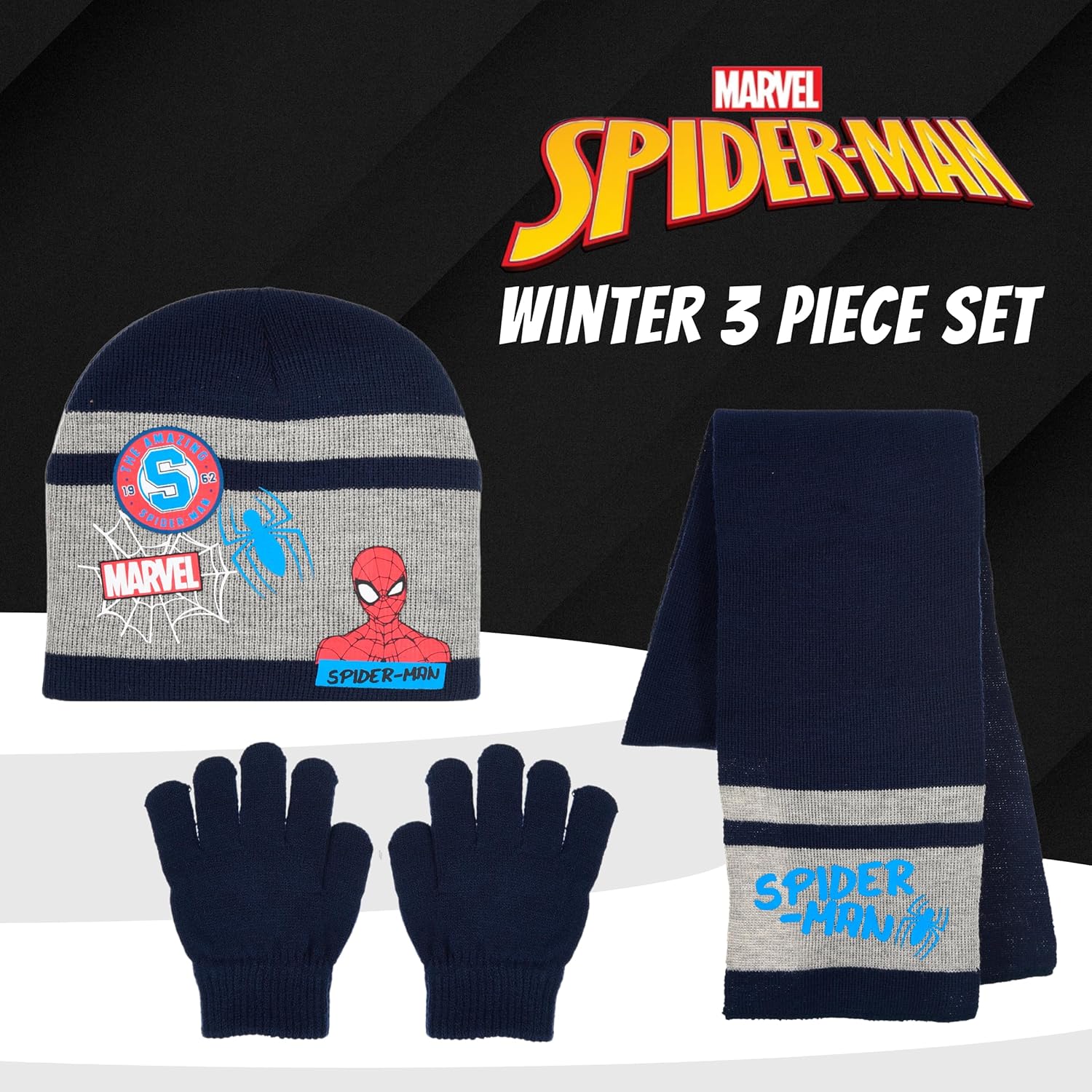 Ensemble d’hiver Spiderman bleu foncé avec chapeau, écharpe et gants pour garçon – Image 2