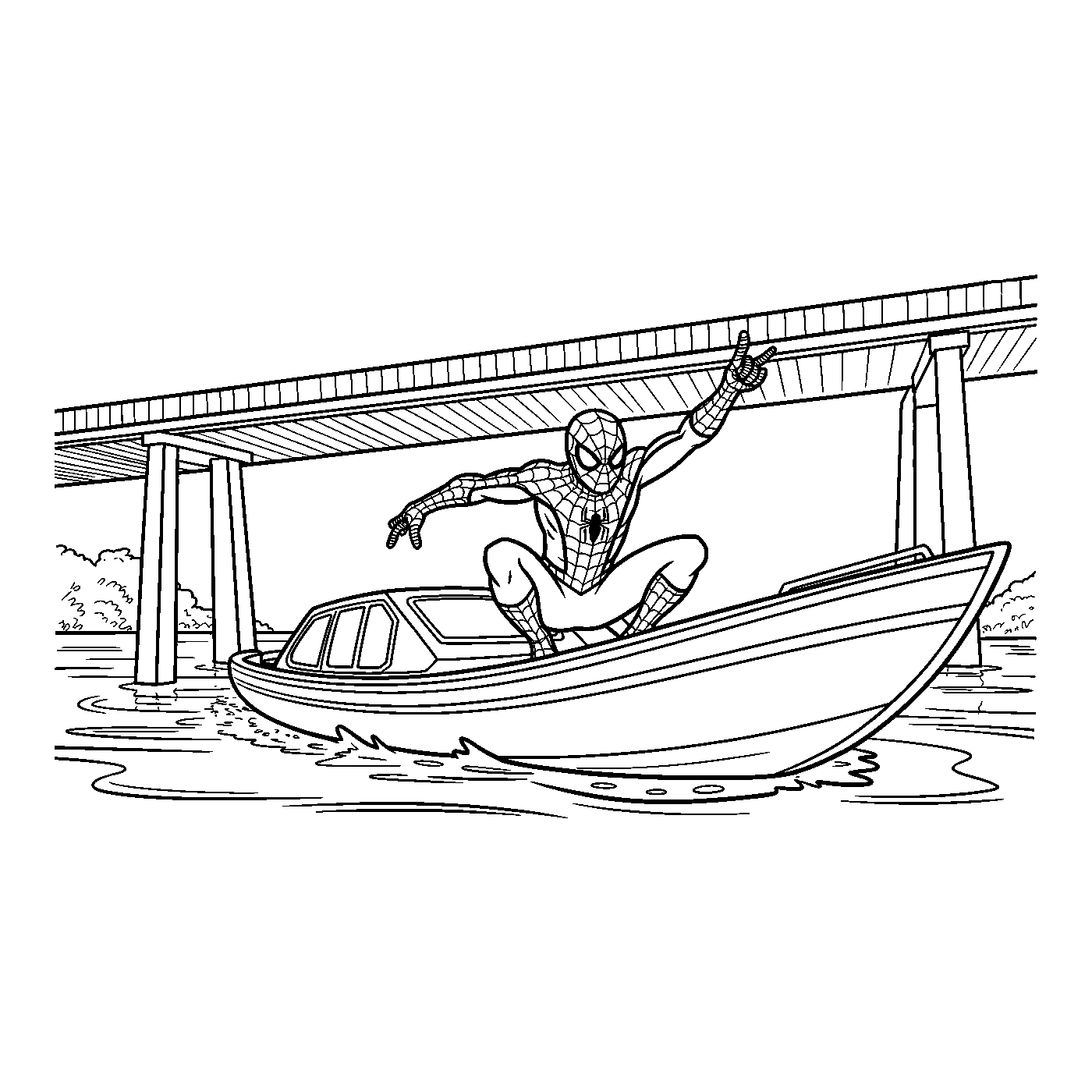 Coloriage Spider-Man gratuit à imprimer : Spider-Man sauve un bateau sous le pont