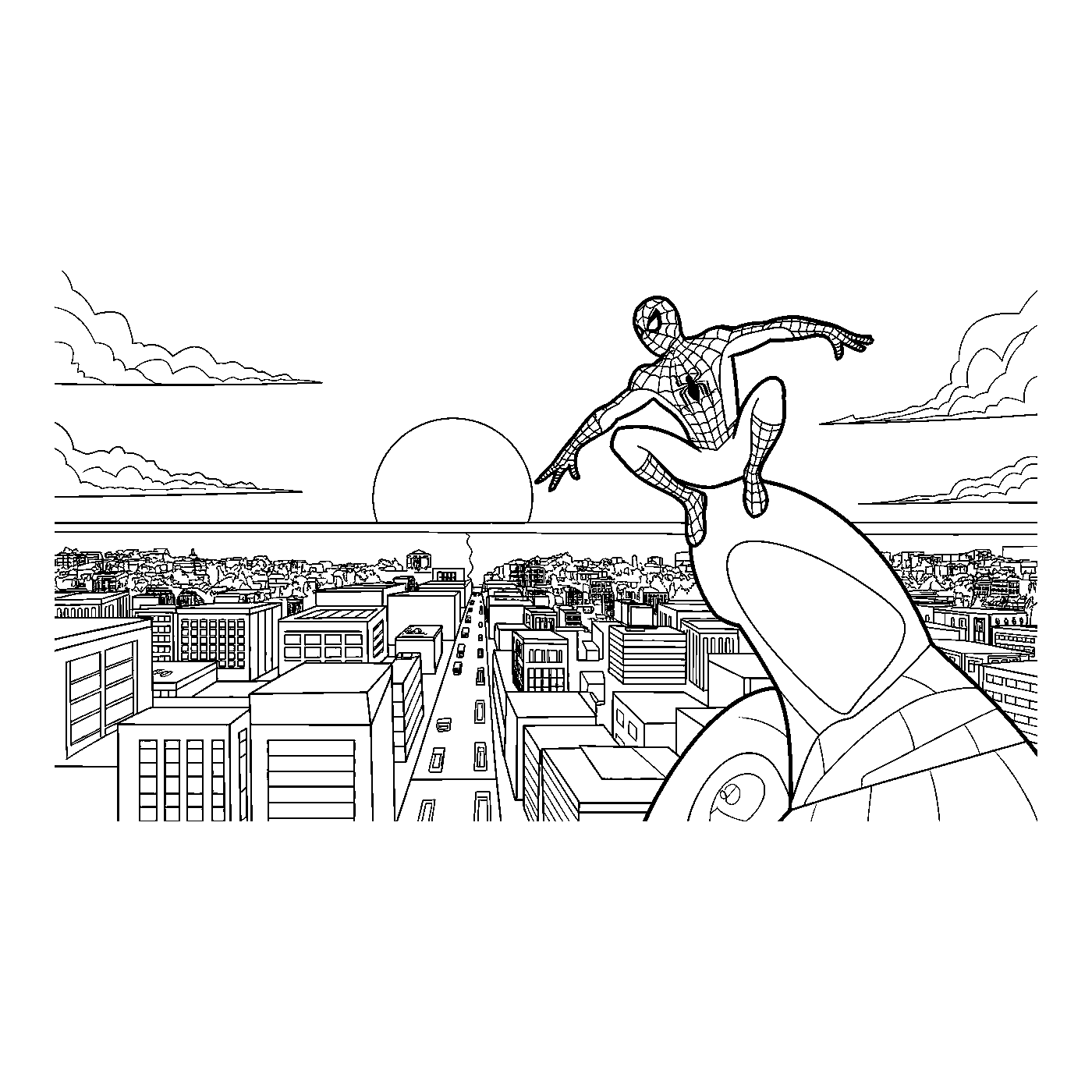 Coloriage Spider-Man gratuit à imprimer : Spider-Man sur une statue au coucher du soleil