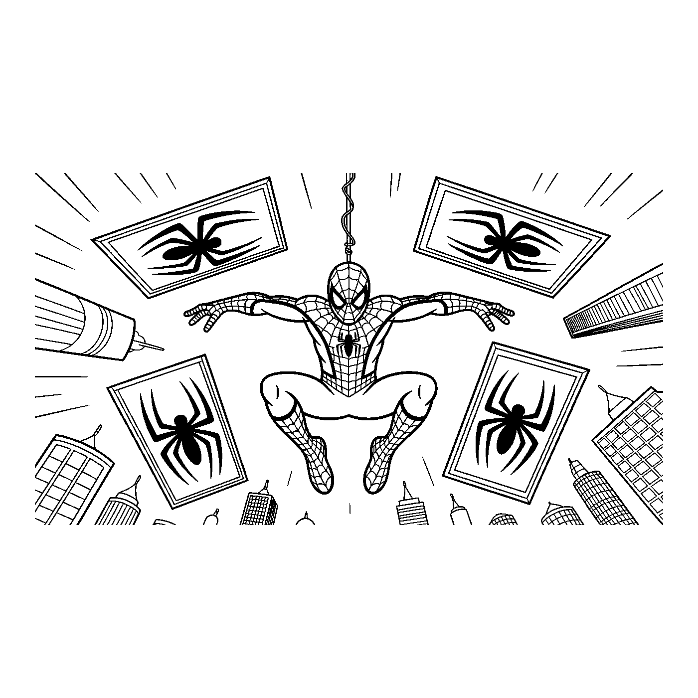 Coloriage Spider-Man gratuit à imprimer : Spider-Man tisse des toiles entre les tours