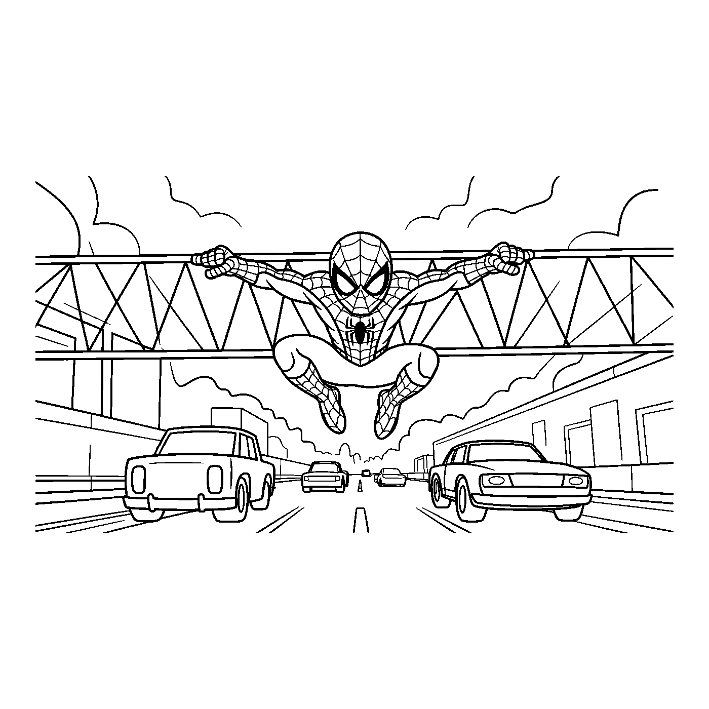 Coloriage Spider-Man gratuit à imprimer : Spider-Man soutient un pont avec ses toiles
