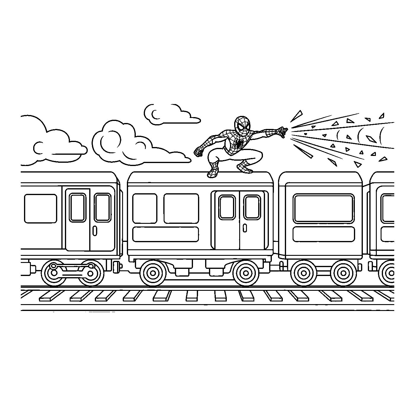 Coloriage Spider-Man gratuit à imprimer : Spider-Man protège un train