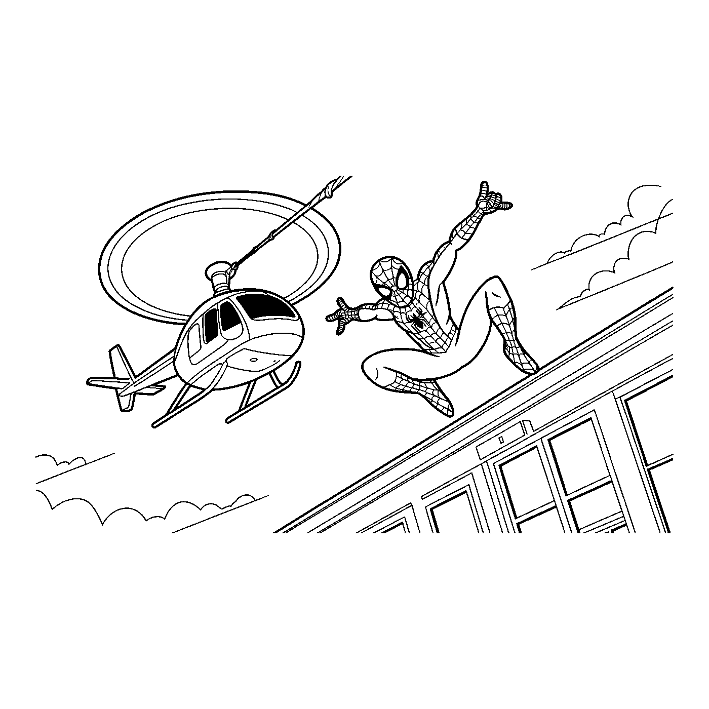 Coloriage Spider-Man gratuit à imprimer : Spider-Man saute depuis un hélicoptère