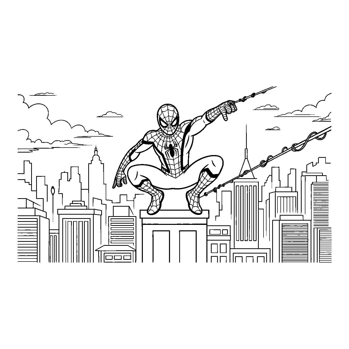 Coloriage Spider-Man gratuit à imprimer : Spider-Man au sommet d'une tour