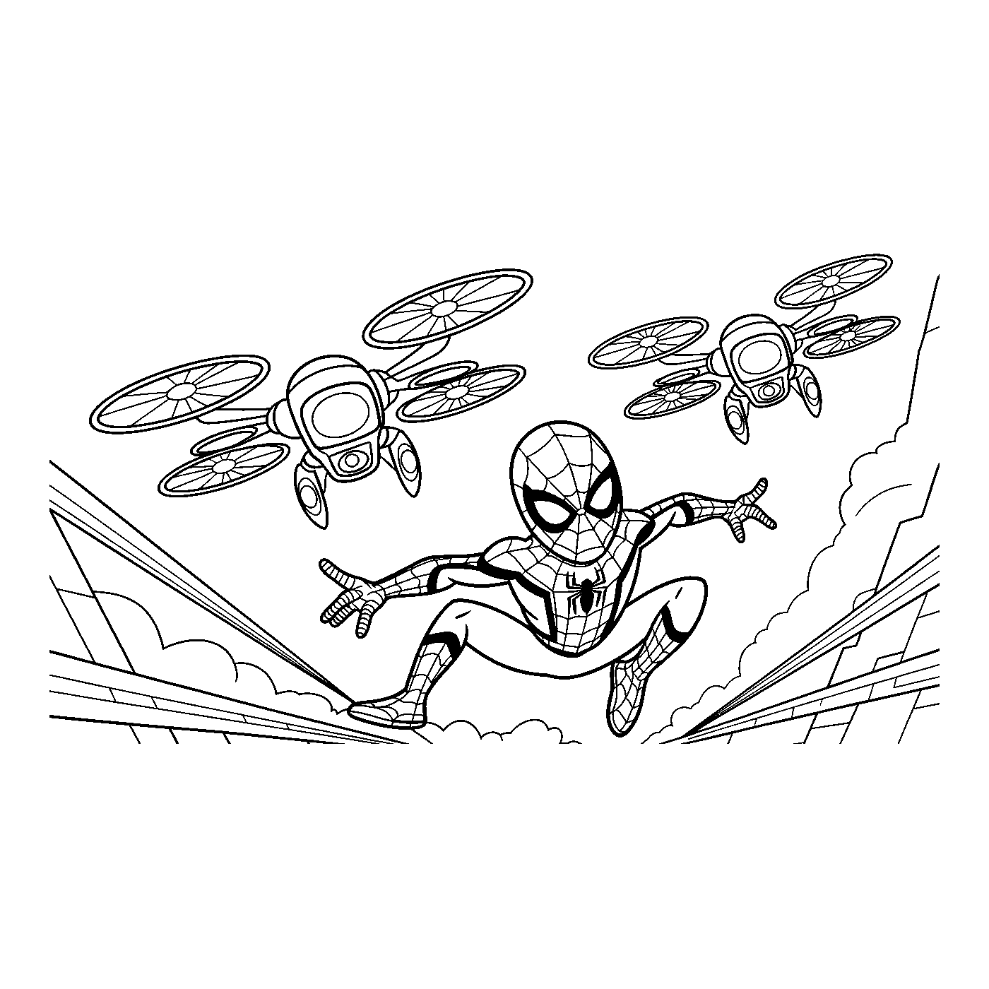 Coloriage Spider-Man gratuit à imprimer : Spider-Man capture des drones en vol