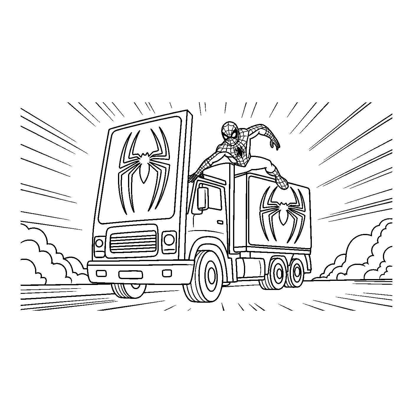 Coloriage Spider-Man gratuit à imprimer : Spider-Man bloque un camion avec sa toile