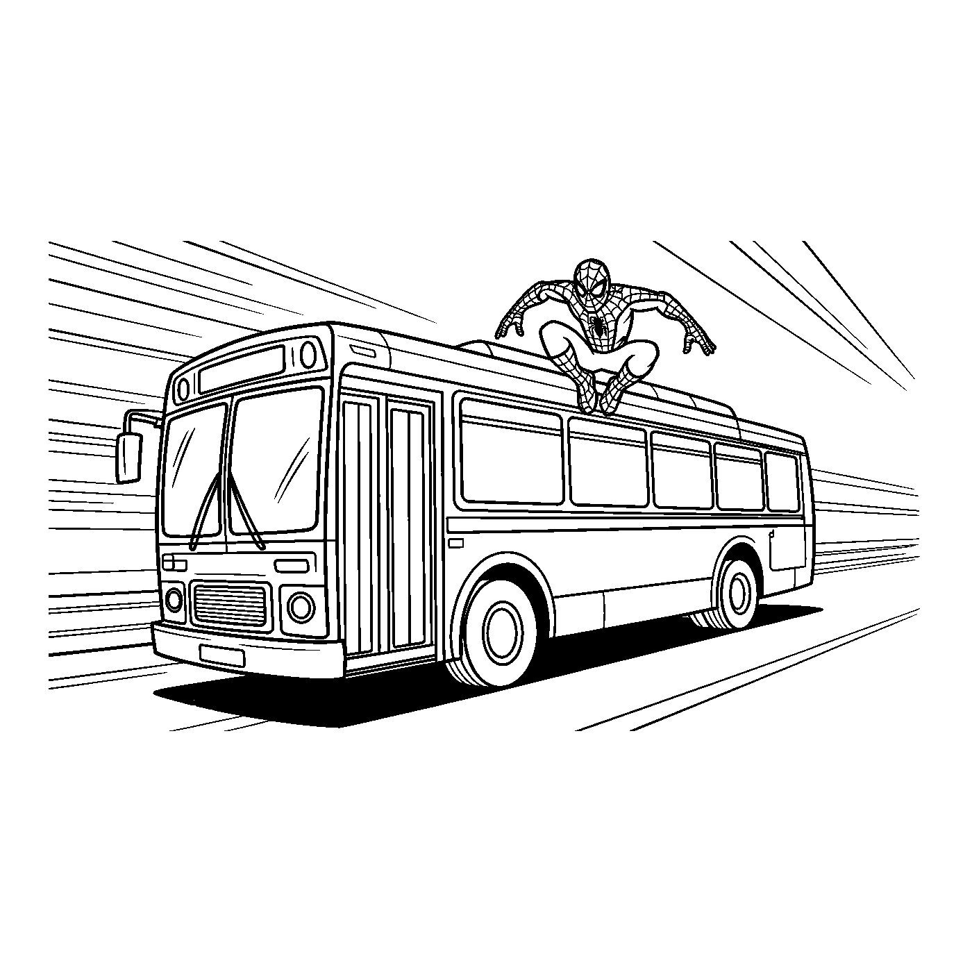 Coloriage Spider-Man gratuit à imprimer : Spider-Man saute au-dessus d'un bus