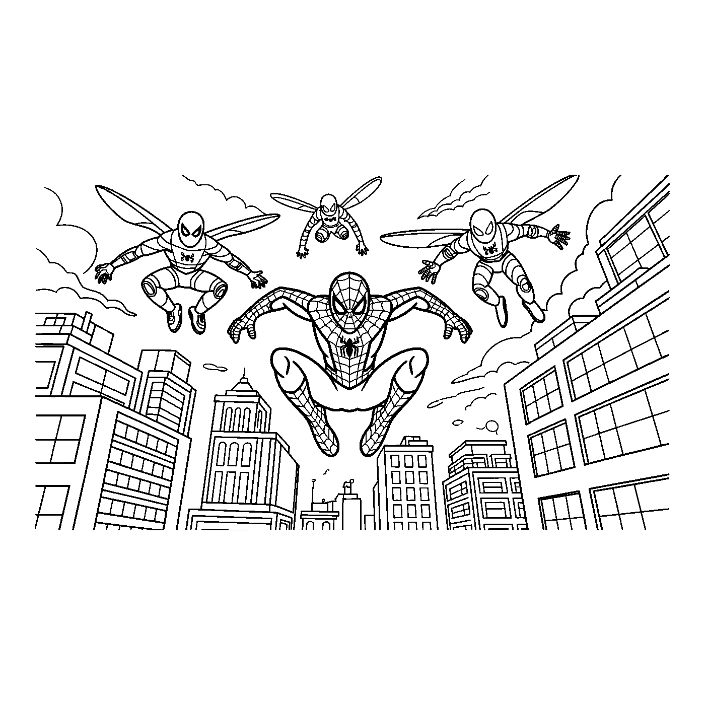 Coloriage Spider-Man gratuit à imprimer : Spider-Man combat des robots volants