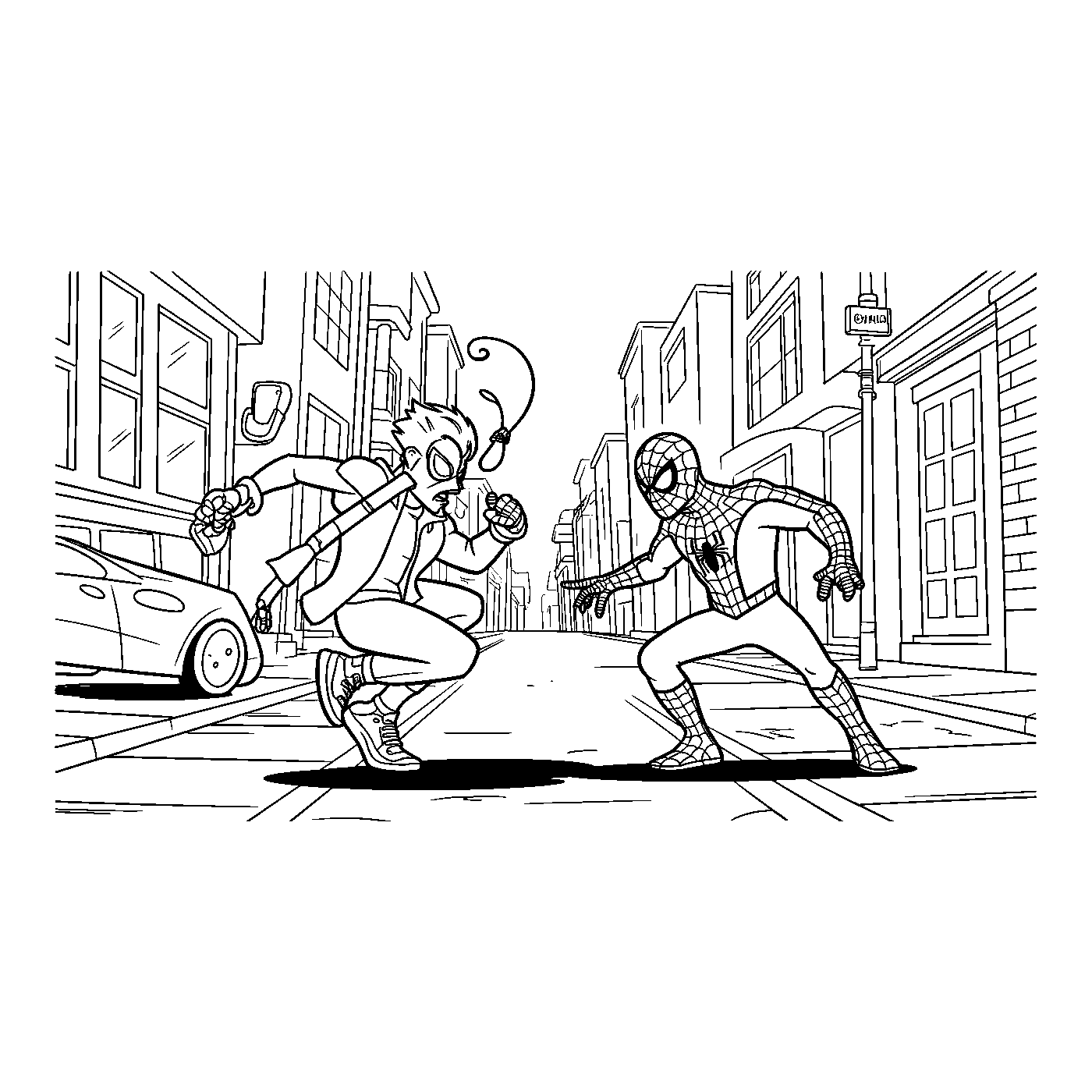 Coloriage Spider-Man gratuit à imprimer : Spider-Man affronte un méchant masqué