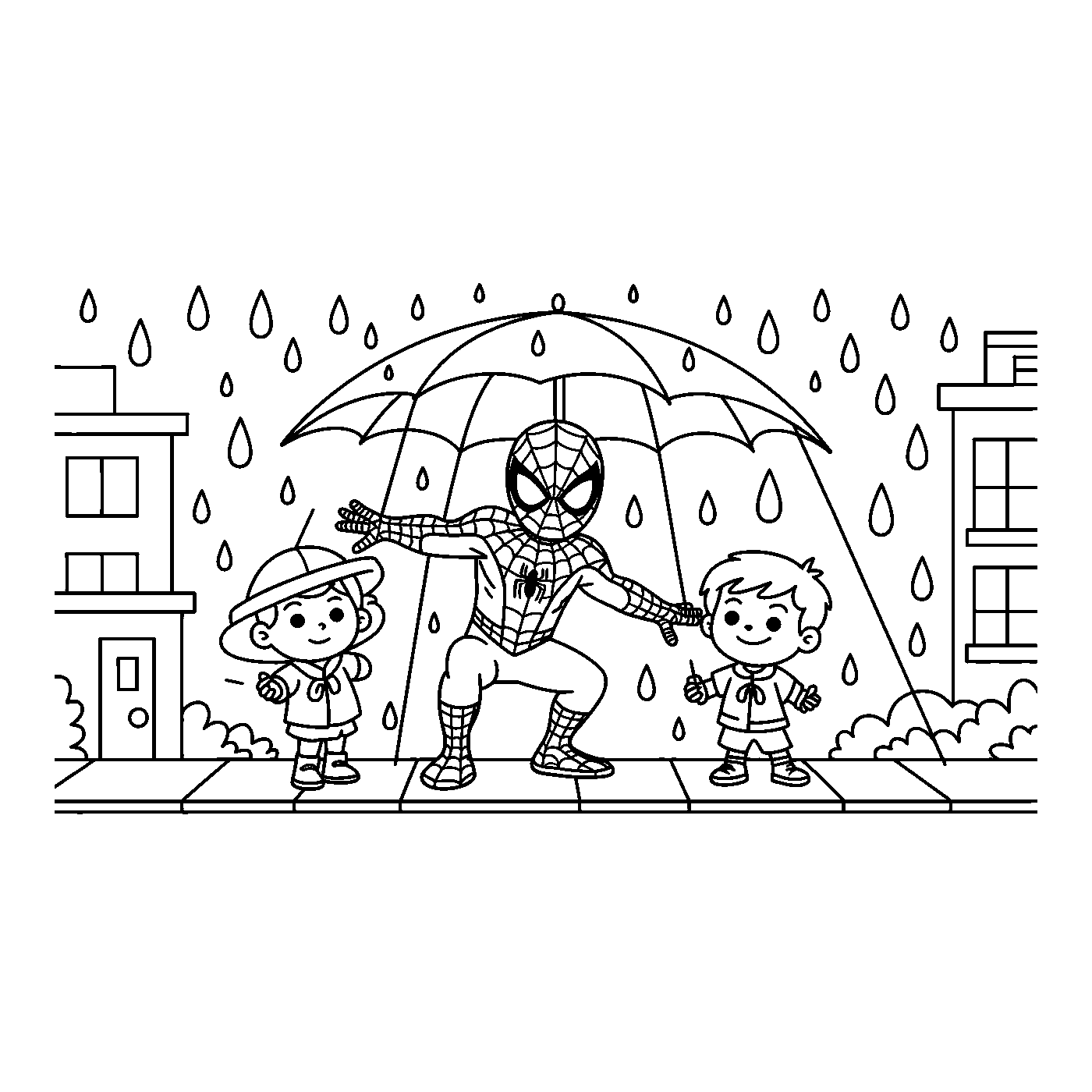 Coloriage Spider-Man gratuit à imprimer : Spider-Man protège des enfants sous une toile