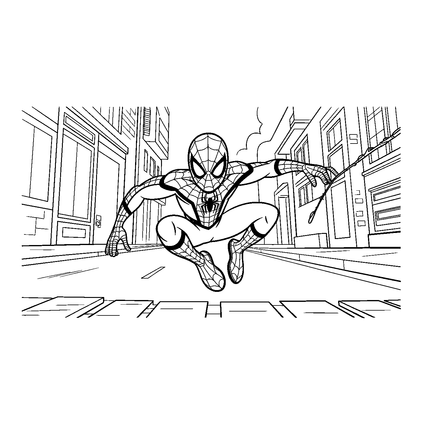 Coloriage Spider-Man gratuit à imprimer : Spider-Man poursuit un voleur dans la rue