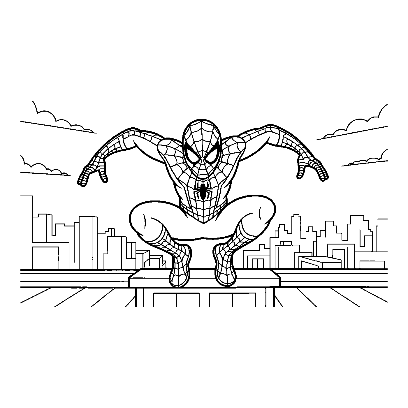 Coloriage Spider-Man gratuit à imprimer : Spider-Man atterrit sur un toit