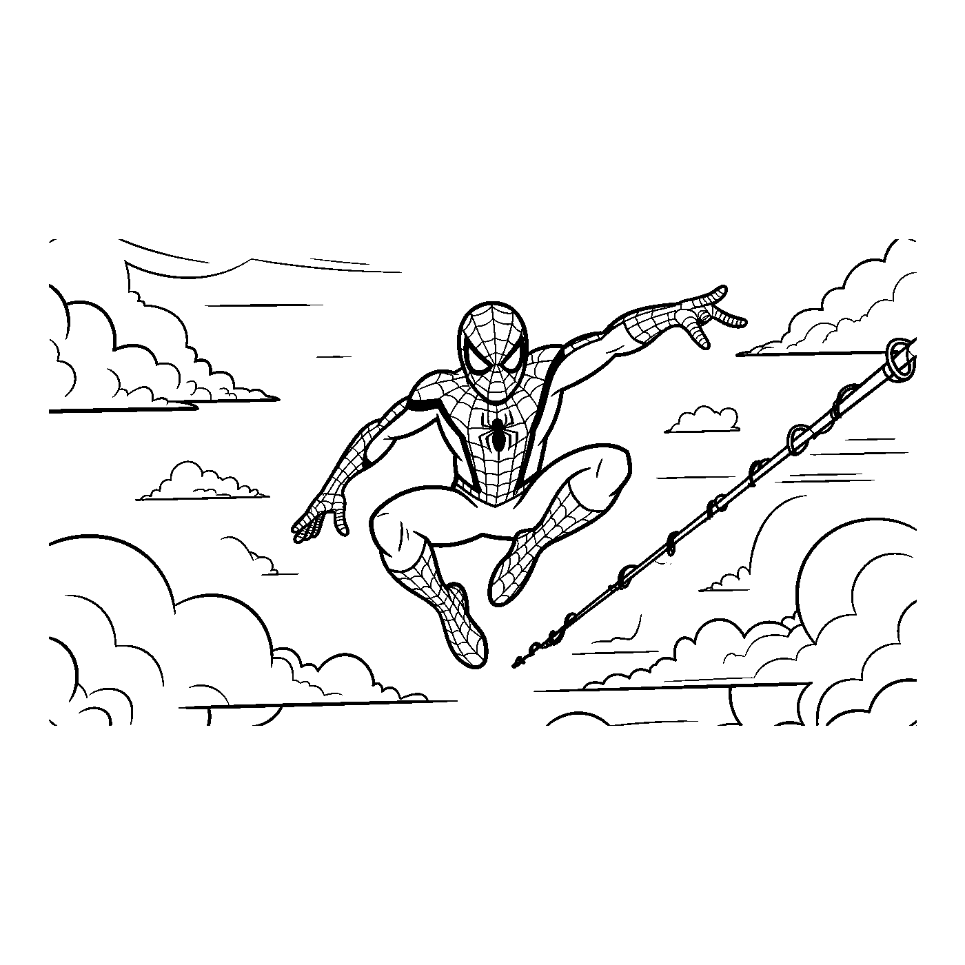 Coloriage Spider-Man gratuit à imprimer : Spider-Man se balance entre les gratte-ciel