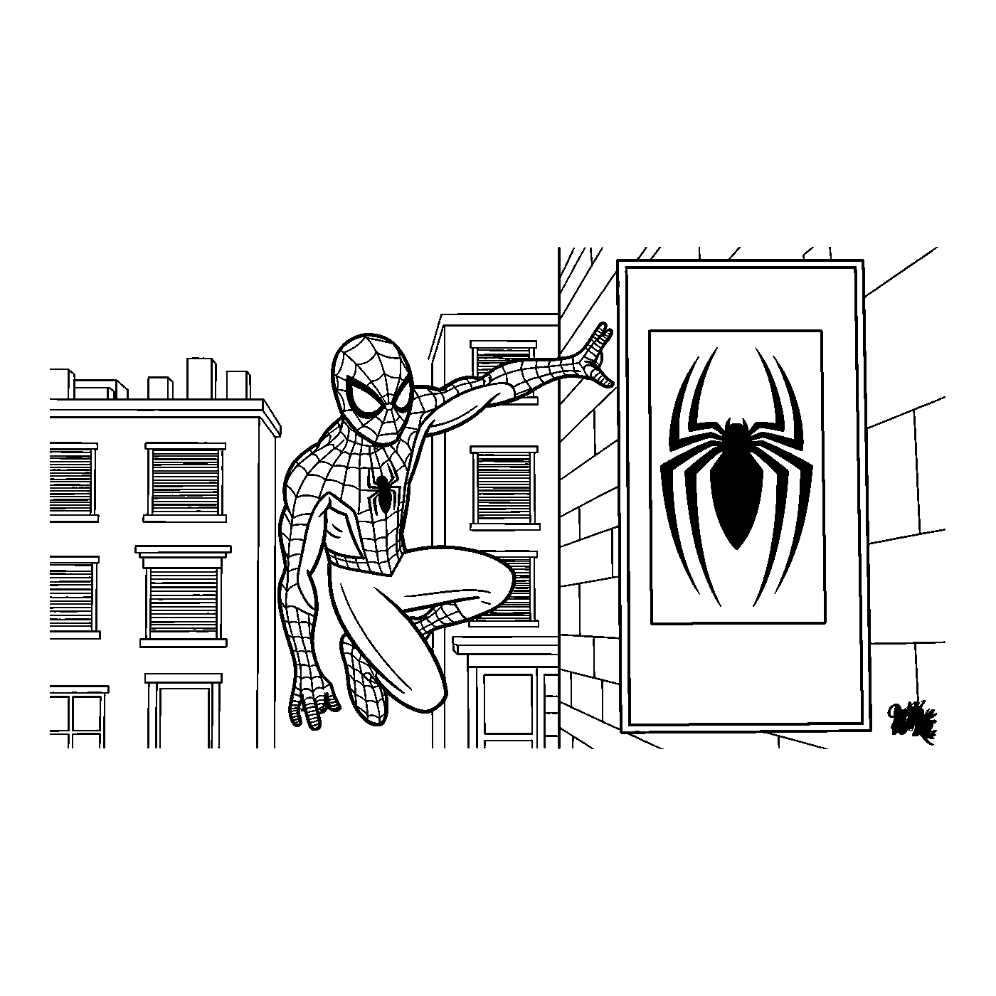 Coloriage Spider-Man gratuit à imprimer : Spider-Man monte sur un mur