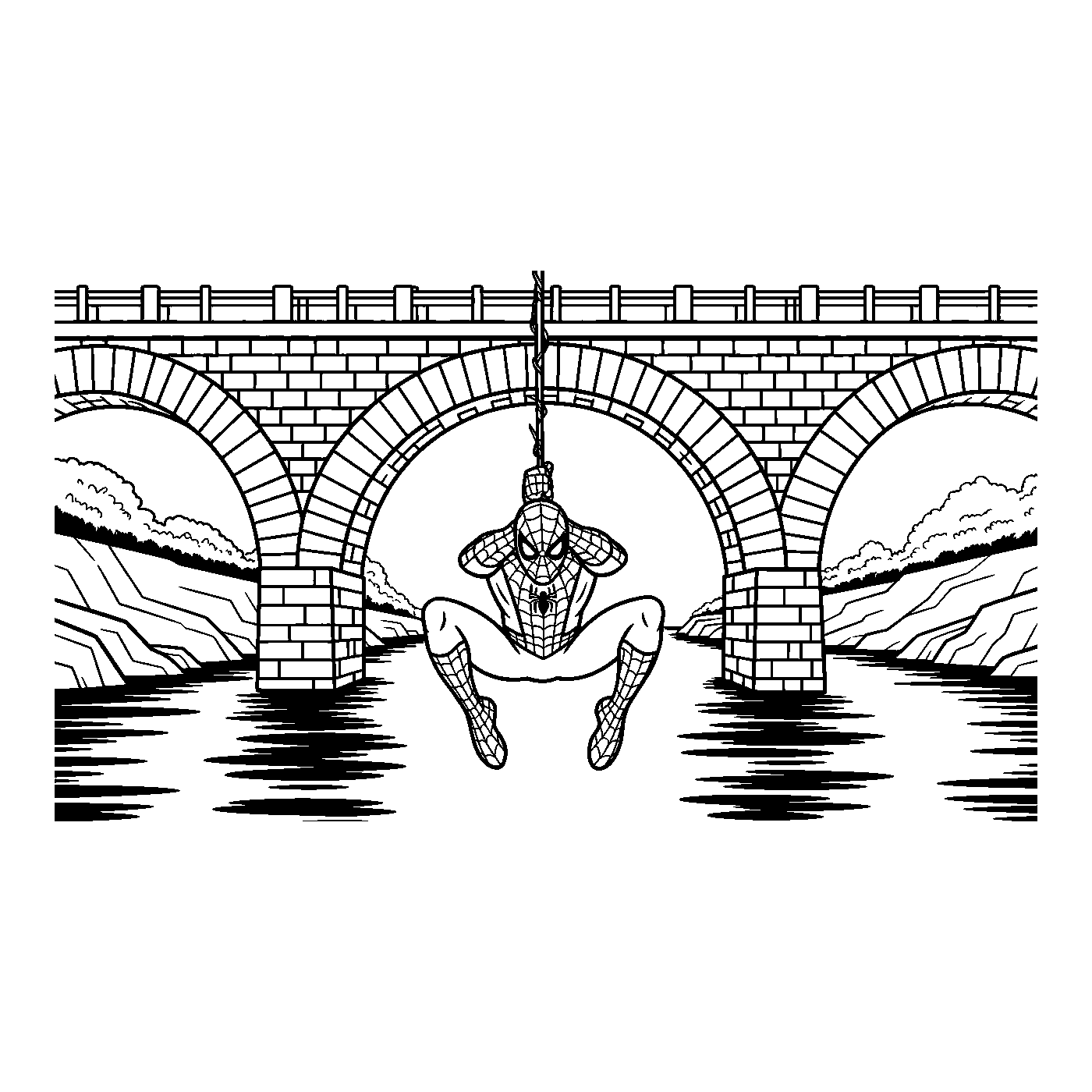 Coloriage Spider-Man gratuit à imprimer : Spider-Man suspendu sous un pont