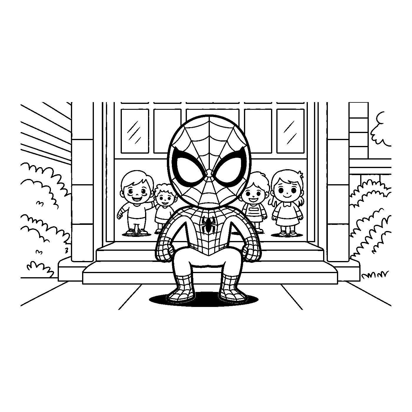 Coloriage Spider-Man gratuit à imprimer : Spider-Man devant une école