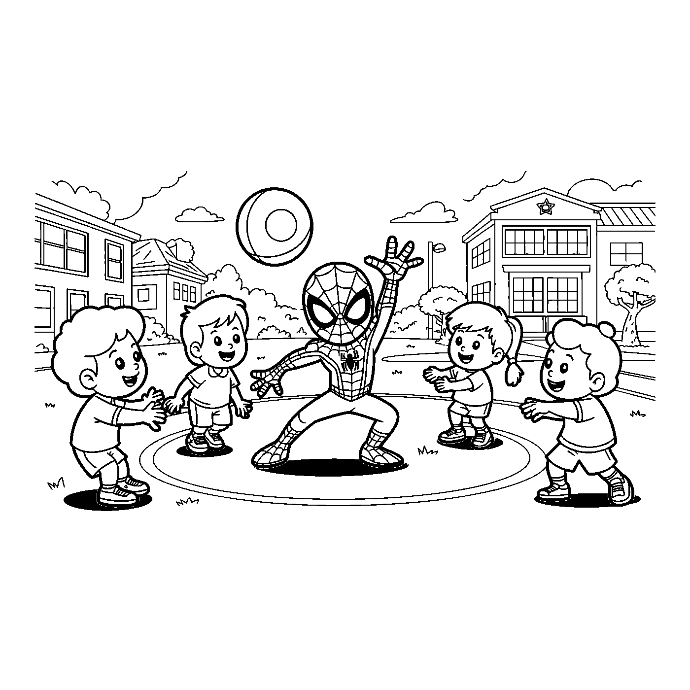 Coloriage Spider-Man gratuit à imprimer : Spider-Man joue au ballon dans la cour