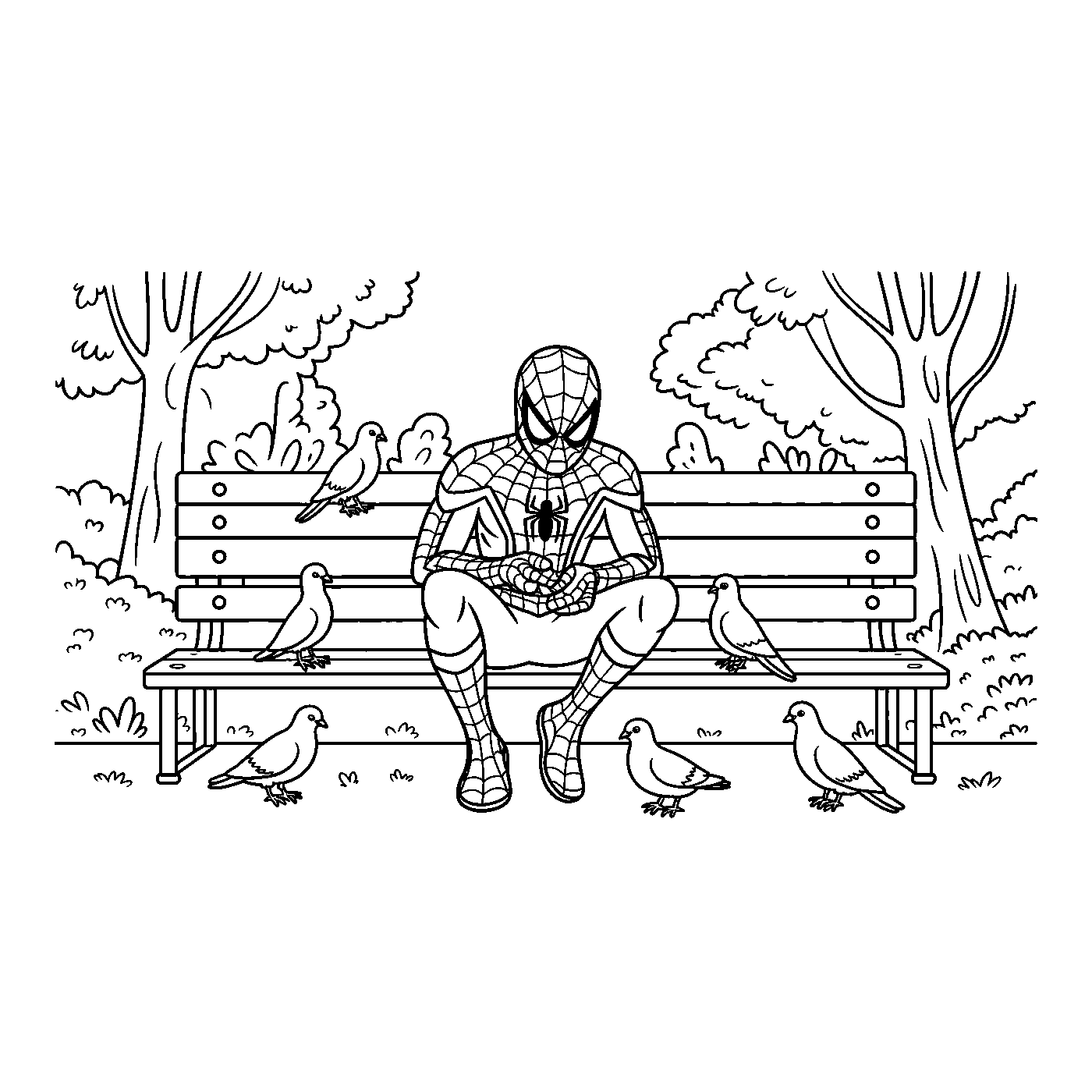 Coloriage Spider-Man gratuit à imprimer : Spider-Man assis sur un banc au parc