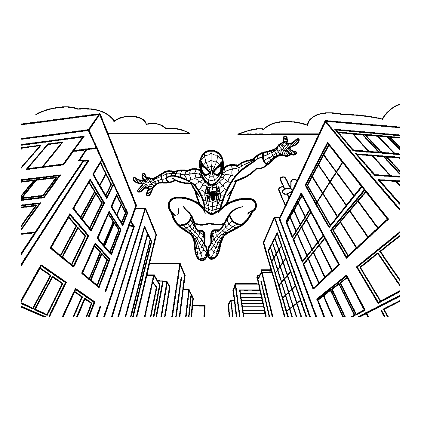Coloriage Spider-Man gratuit à imprimer : Spider-Man se balance entre les immeubles