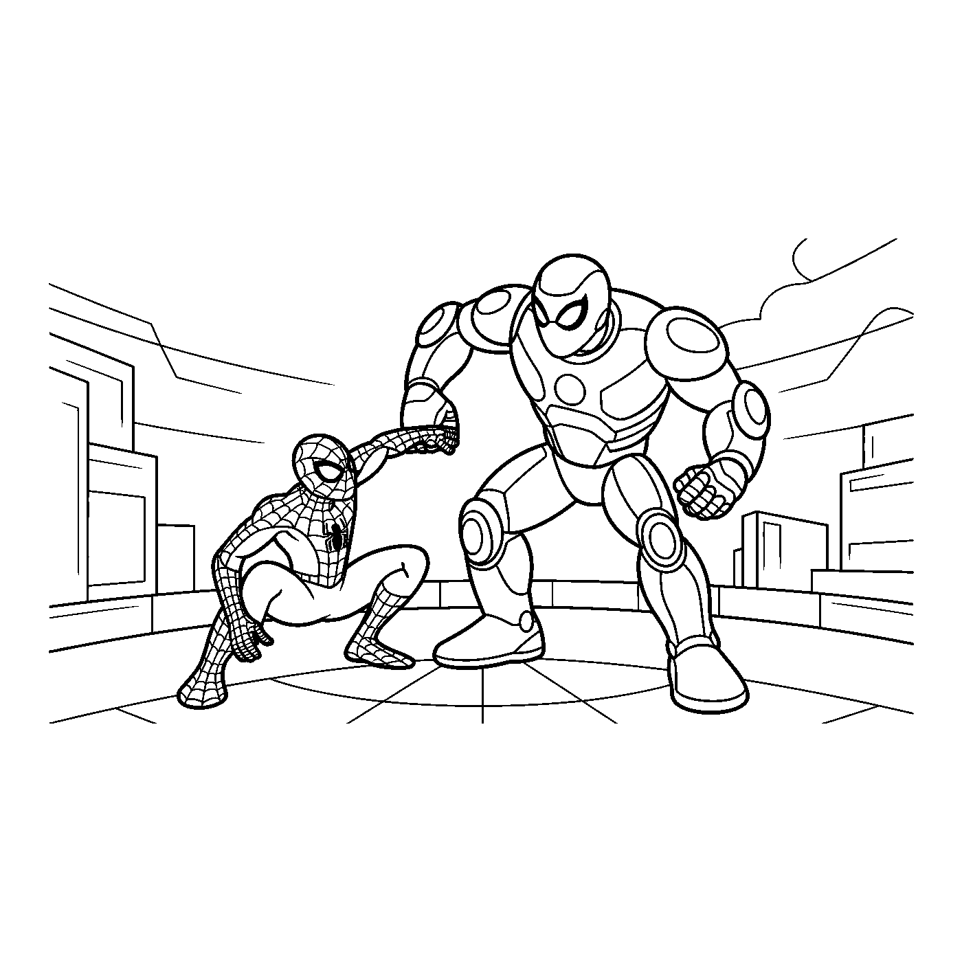 Coloriage Spider-Man gratuit à imprimer : Spider-Man combat un robot géant