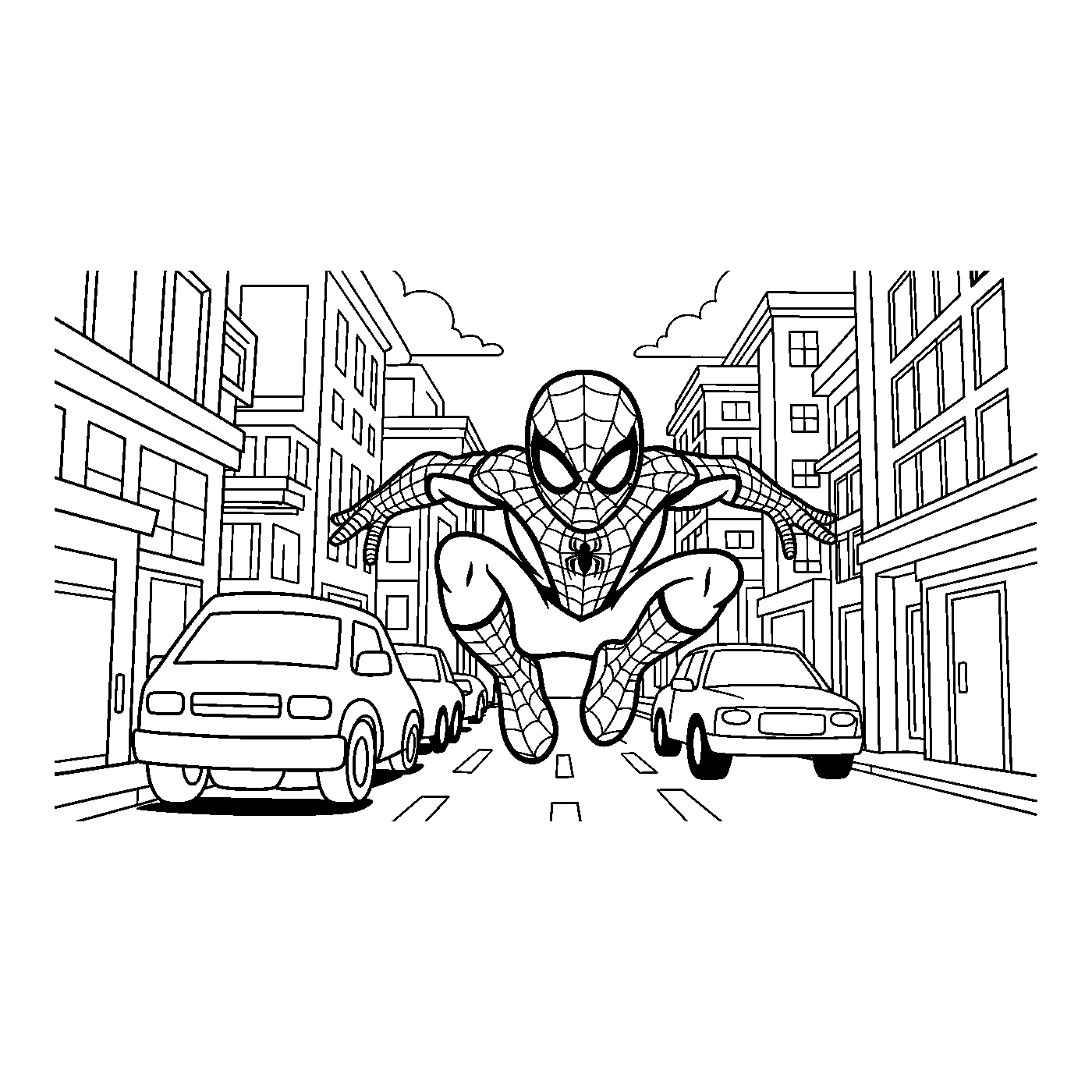 Coloriage Spider-Man gratuit à imprimer : Spider-Man traverse un passage piéton
