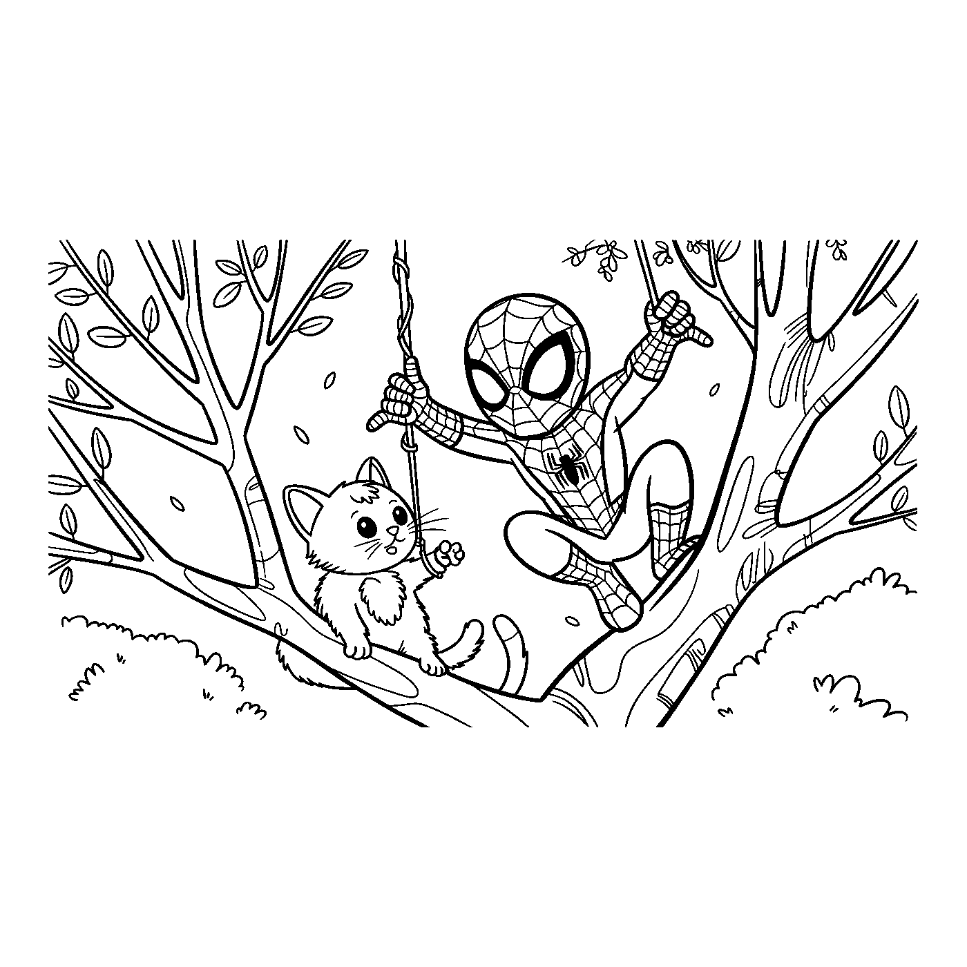 Coloriage Spider-Man gratuit à imprimer : Spider-Man sauve un chat dans un arbre