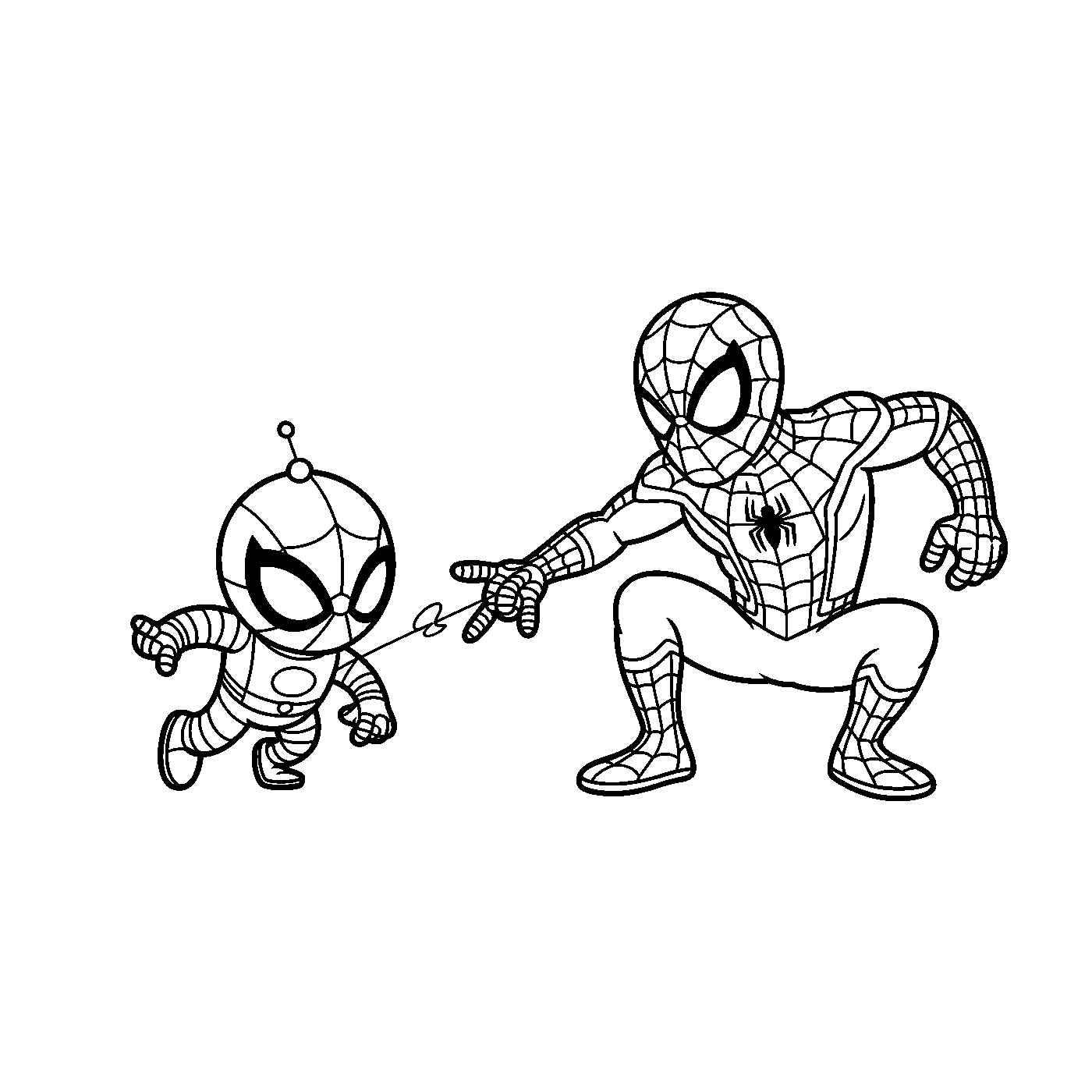 Coloriage Spider-Man gratuit à imprimer : Spider-Man face à un robot cartoon