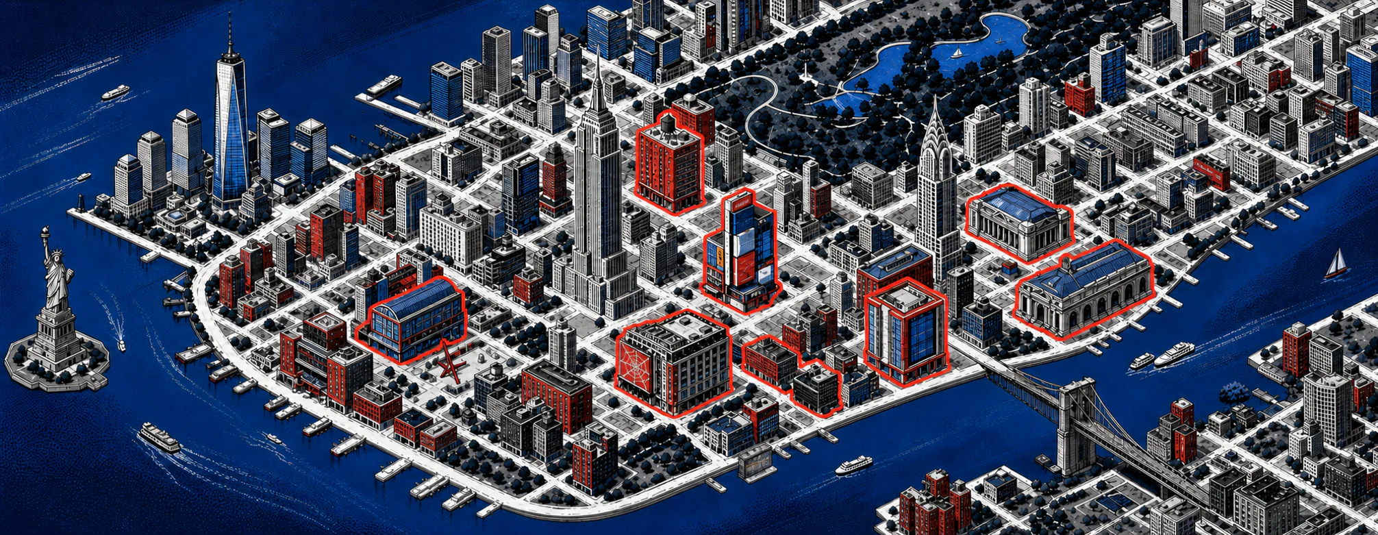 Carte illustrée de New York avec huit bâtiments entourés en rouge et reliés aux collections Spider-Man